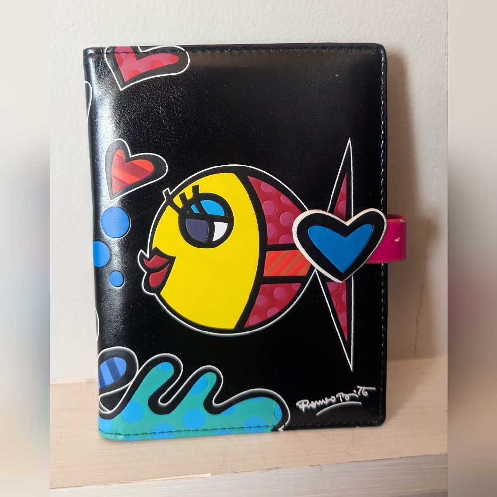 Romero Britto Fish Design Passport Holder - Black, Yellow,‎ Blue
